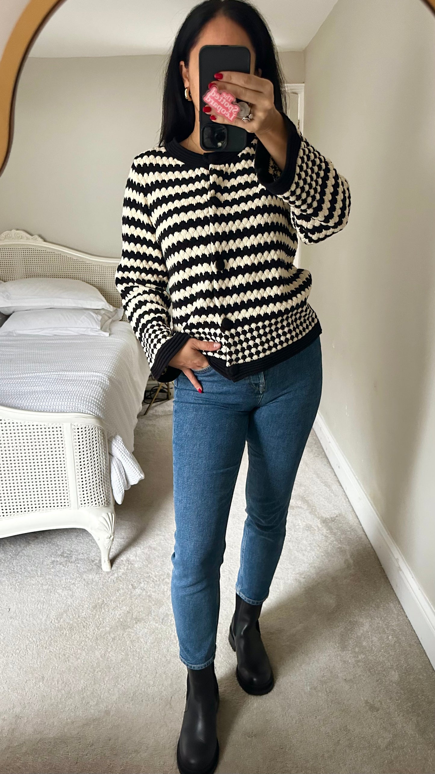 YAS black cream stripe bubble knitted cardigan jumper large UK 12 vgc