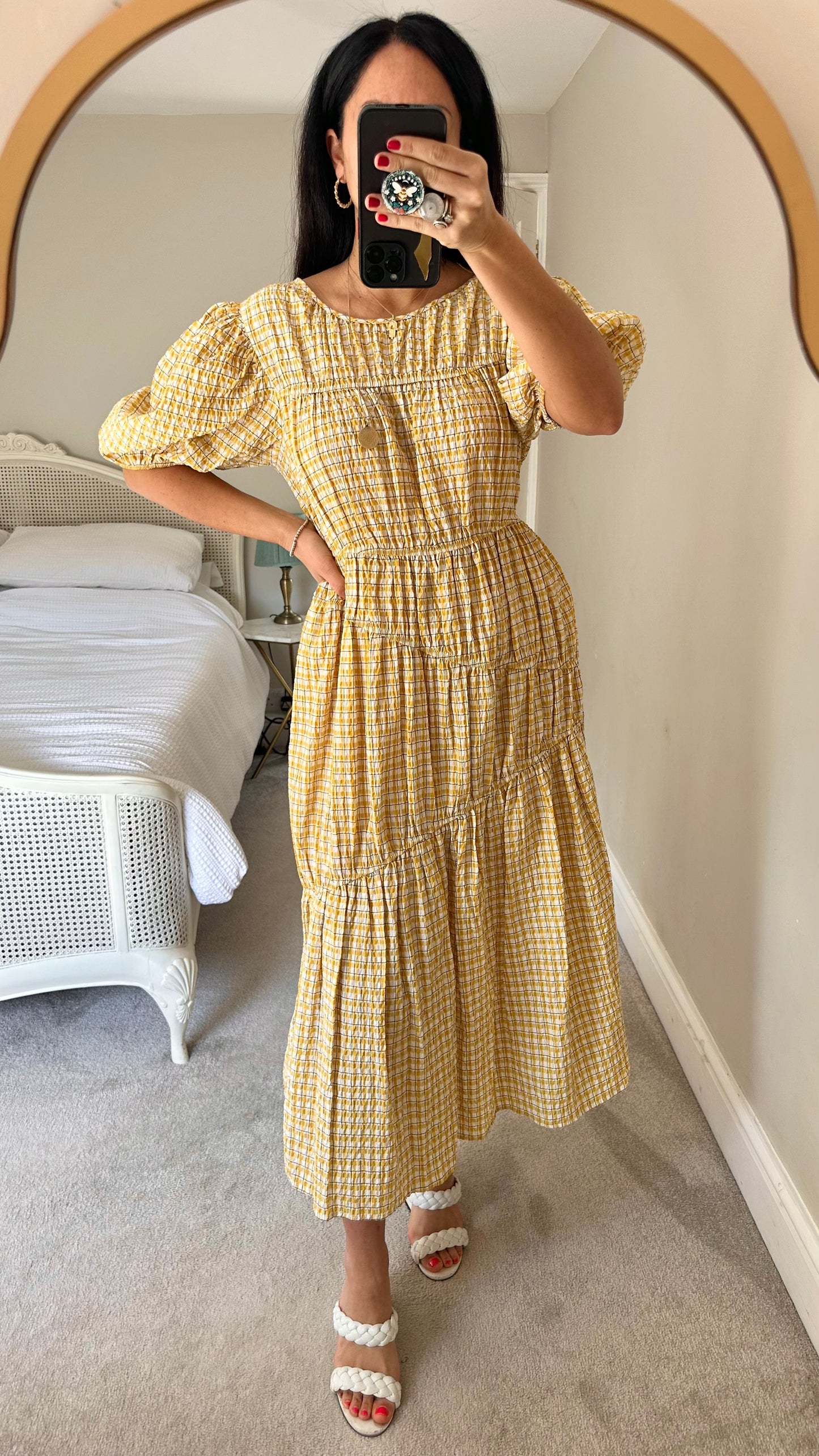 ASOS mustard yellow gingham check long midi dress small UK 10 petite vgc