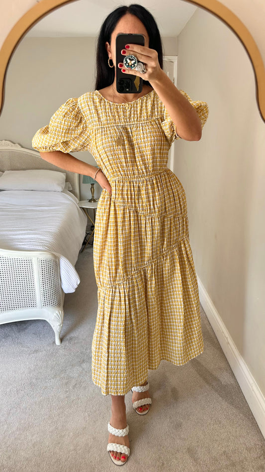 ASOS mustard yellow gingham check long midi dress small UK 10 petite vgc