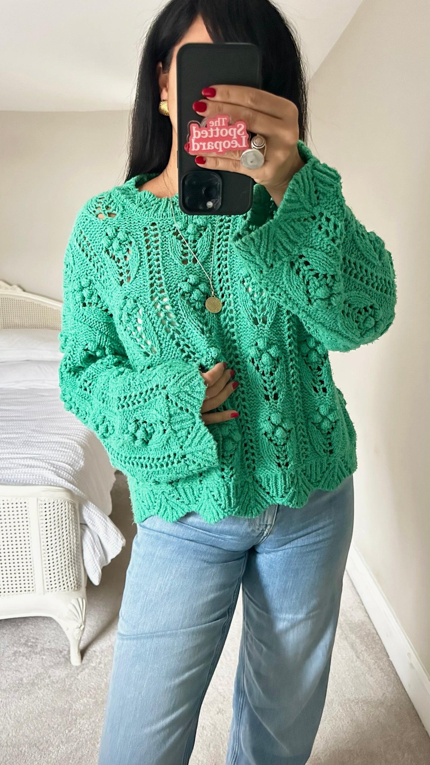 Zara bright green crochet bobble knitted jumper small UK 8-10 vgc