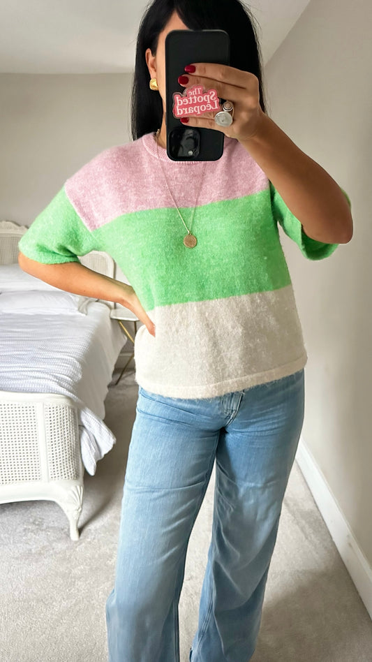 Selected femme @ Anthropologie pink cream green colour block alpaca blend knitted jumper small UK 8-10 vgc