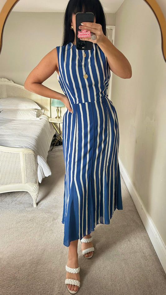 Whistles deep blue white crinkle stripe wedding guest dress UK 12 vgc