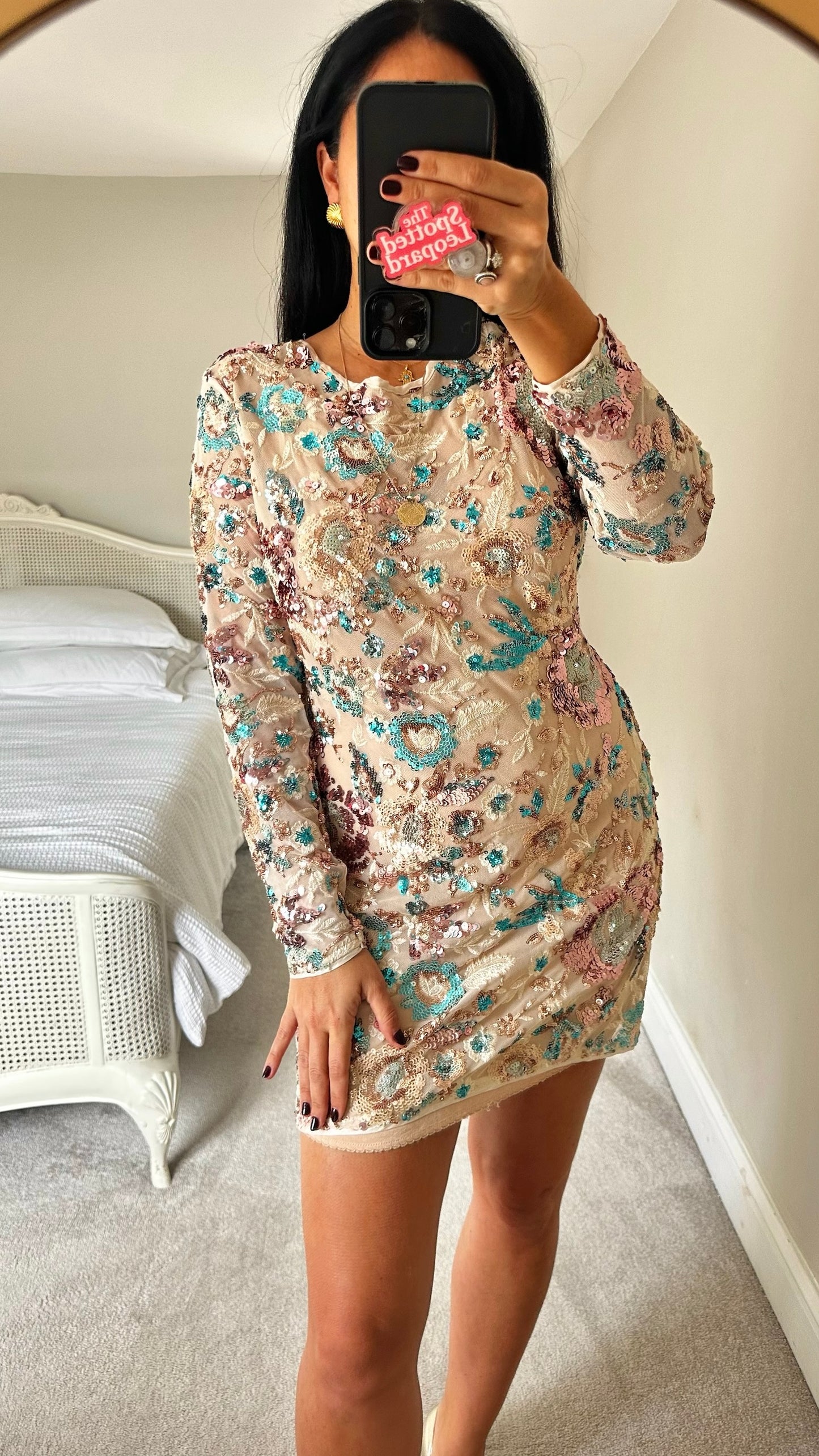 Anthropologie cream blue pink sequin party event mini dress large L UK 12 XMS25