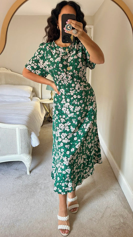 Nobody’s child dark green white floral print open back midi dress wedding guest extra large XL UK 14 vgc