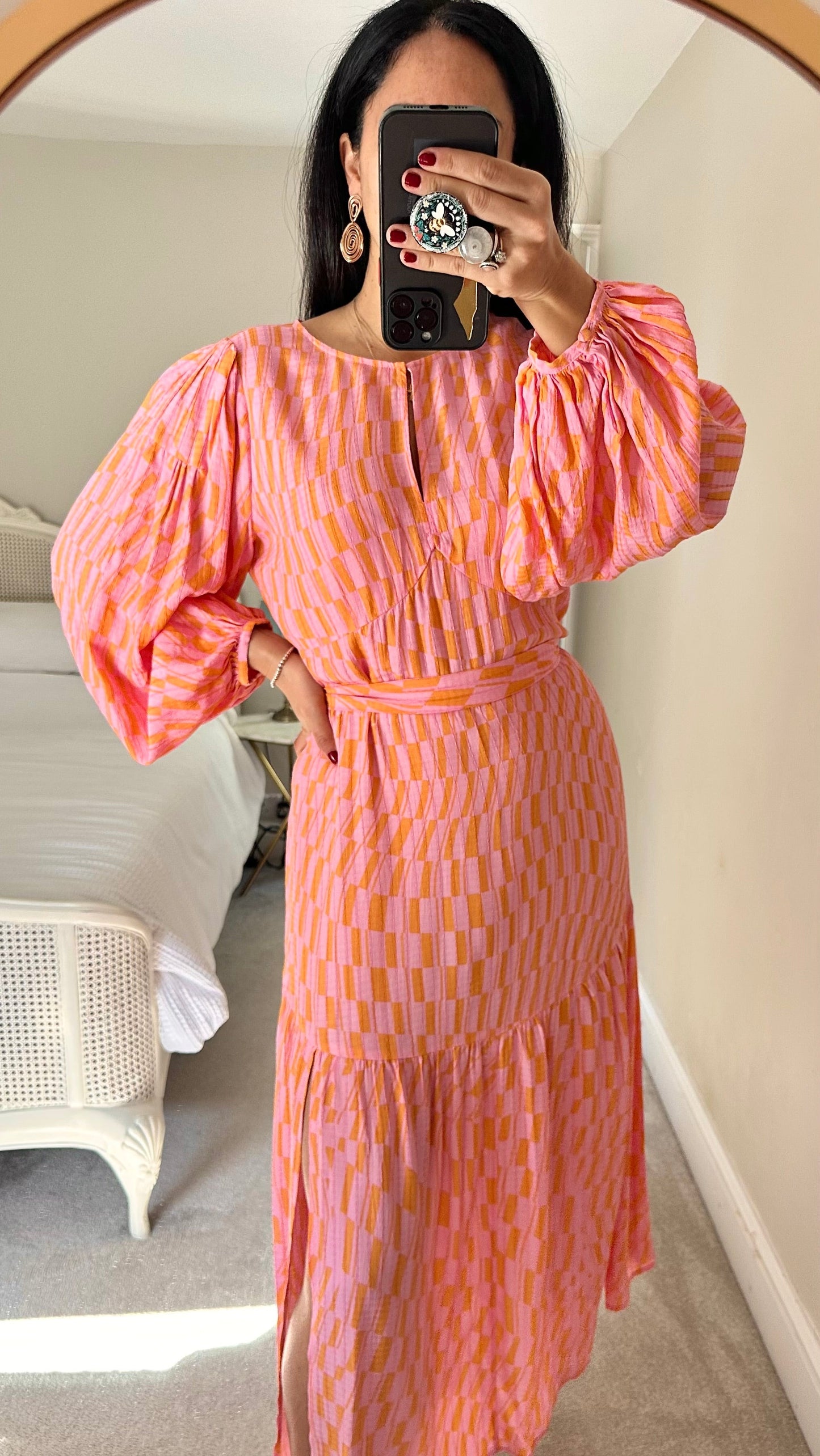 Oliver Bonas pink orange checkered midi long maxi dress wedding guess small UK 8 vgc