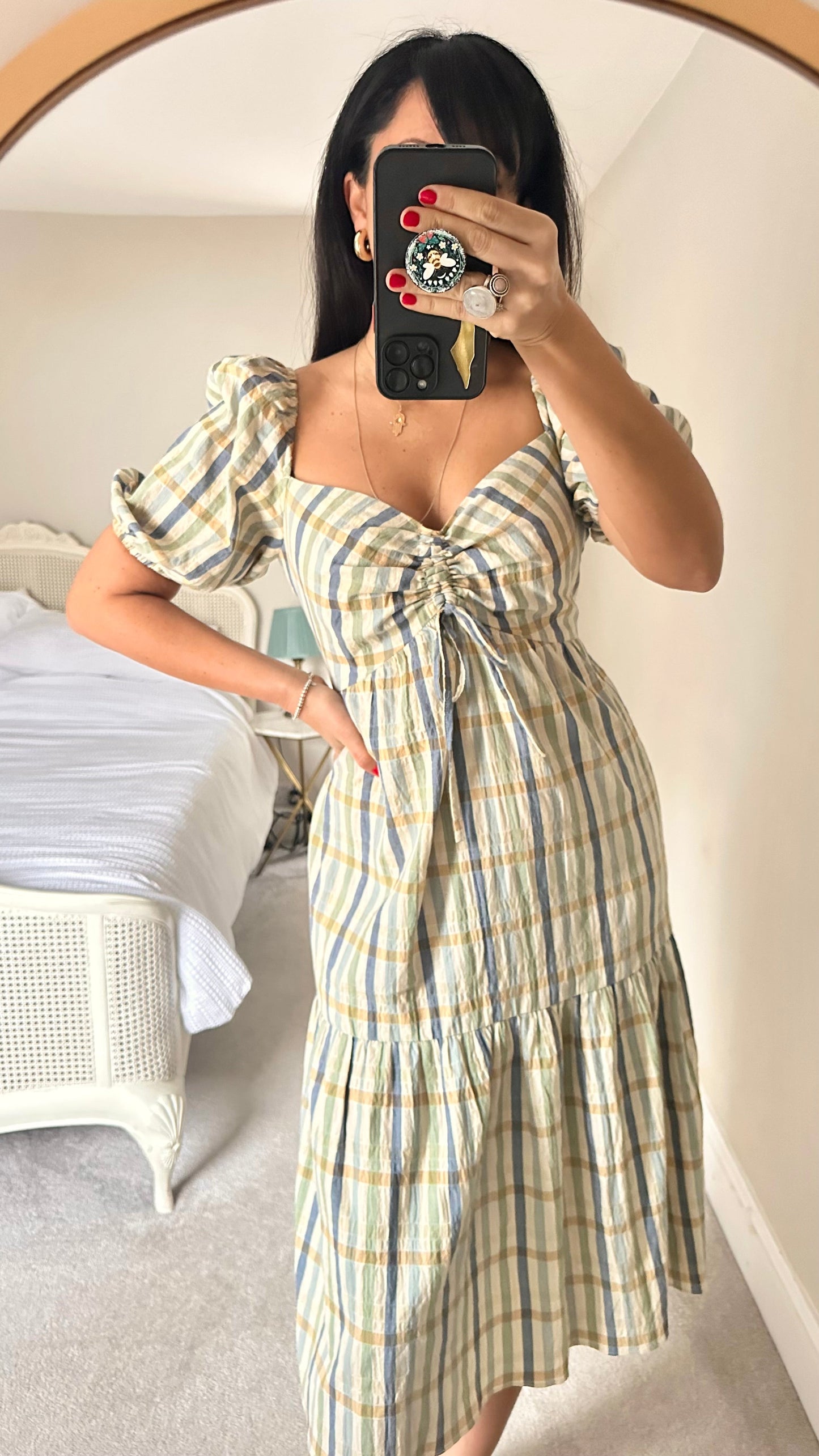 Feather & Bone @ Anthropologie blue green yellow gingham check cotton blend dress medium UK 12 midi vgc