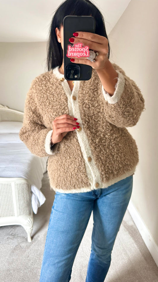 Karen Millen beige cream knitted cardigan jumper wool blend medium UK 10-12 vgc