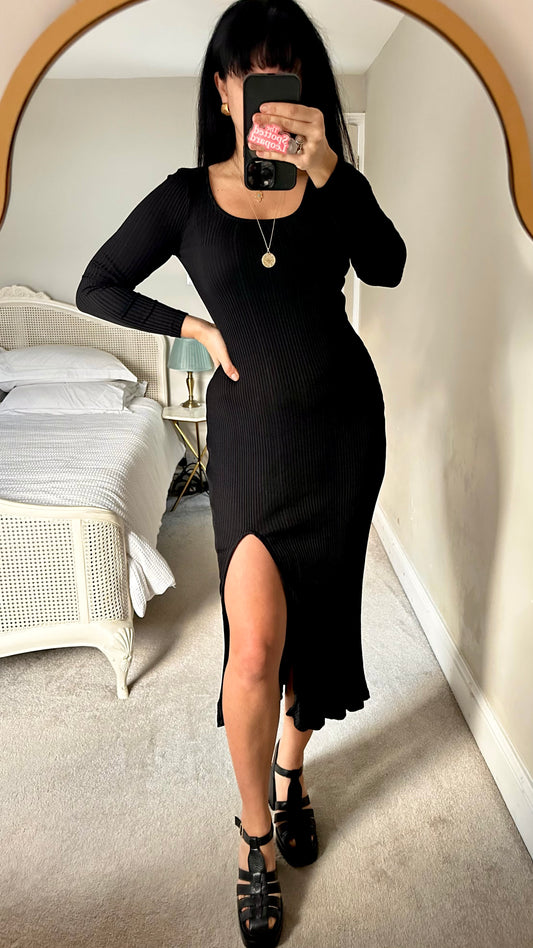 & other stories black ribbed side split midi dress small UK 8-10 vgc