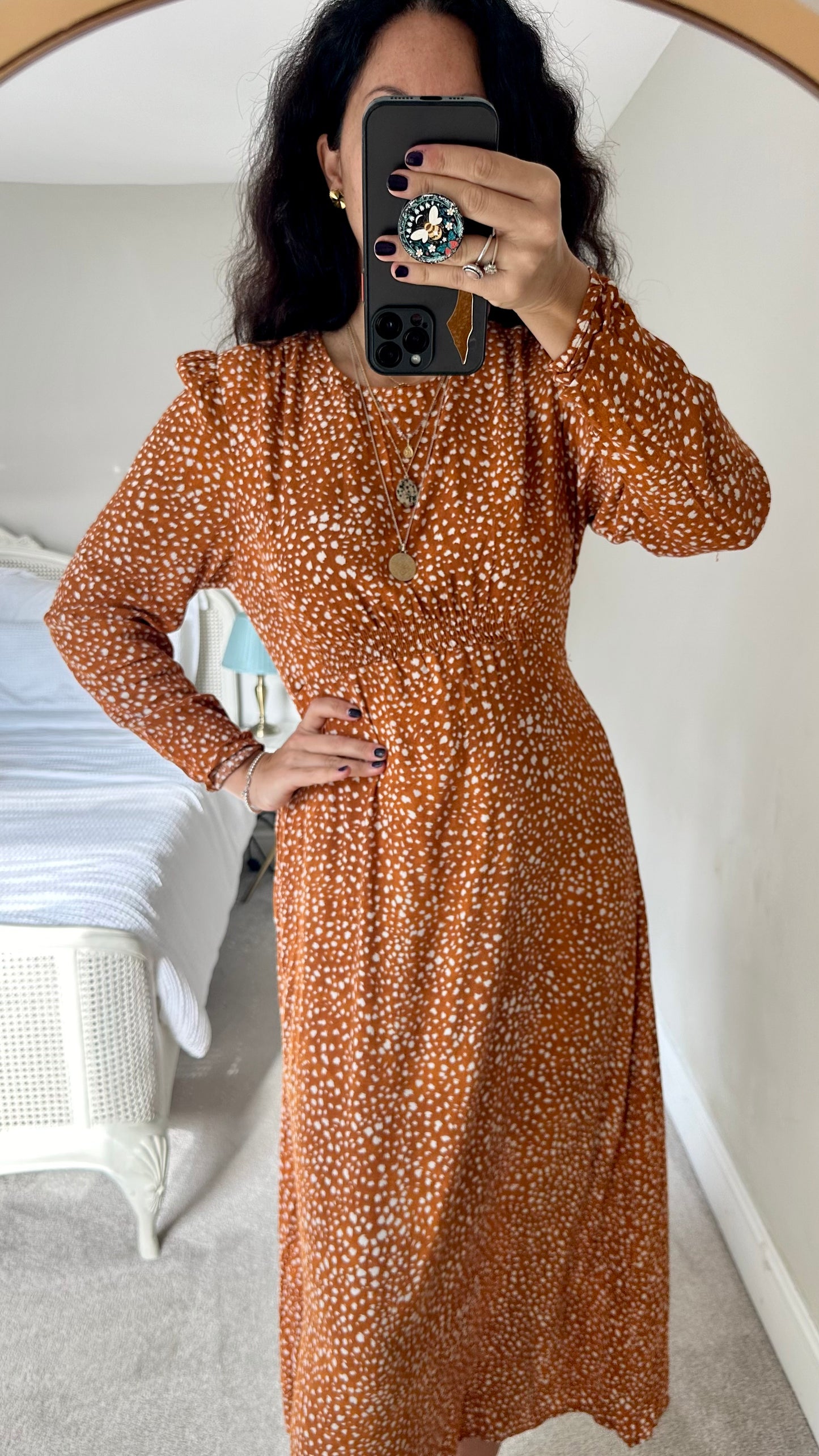 Mango orange white polka dot smudge maxi midi long dress large UK 12 vgc