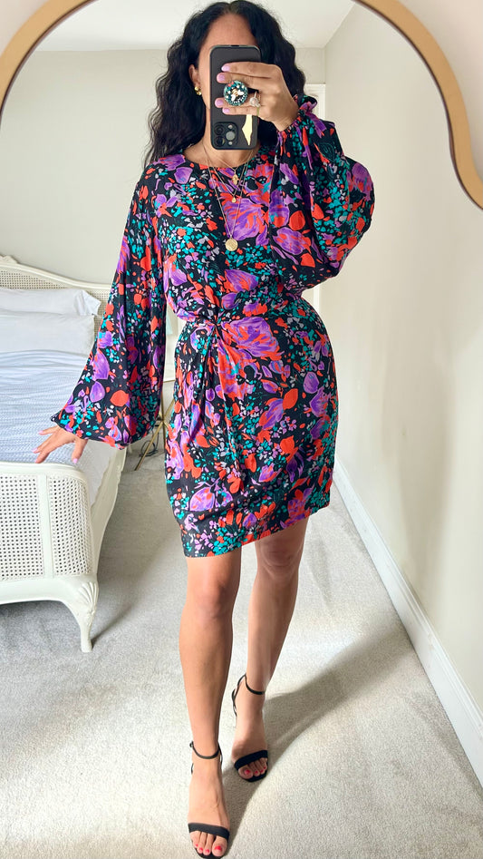 Essential Antwerp black purple red floral puff sleeve mini twist front event dress small UK 8 10 vgc