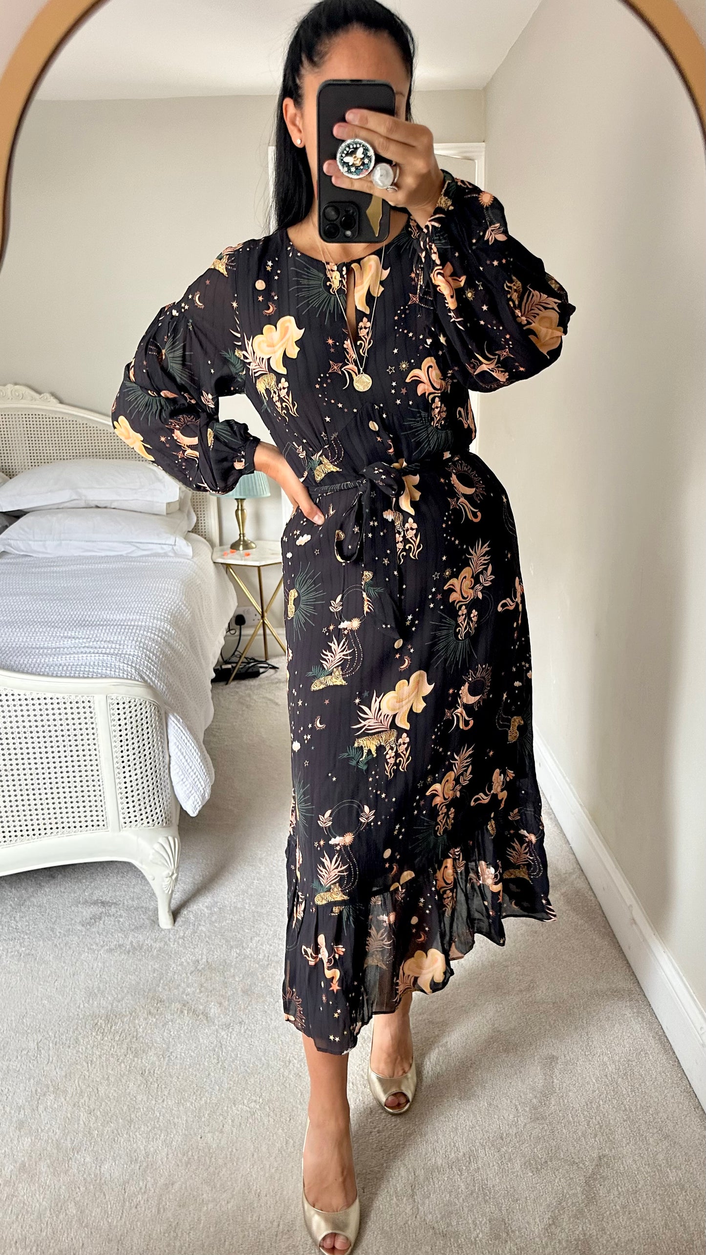 Oliver Bonas black orange tiger animal print midi long event dress small UK 8-10 vgc w25