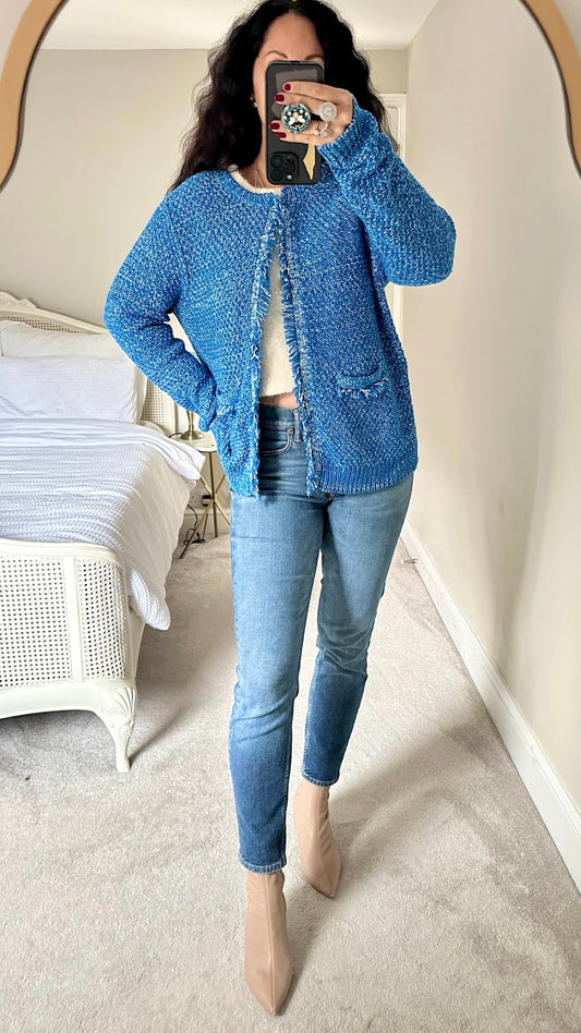 Hush blue tassel hem knitted jumper cardigan large L UK 12 vgc