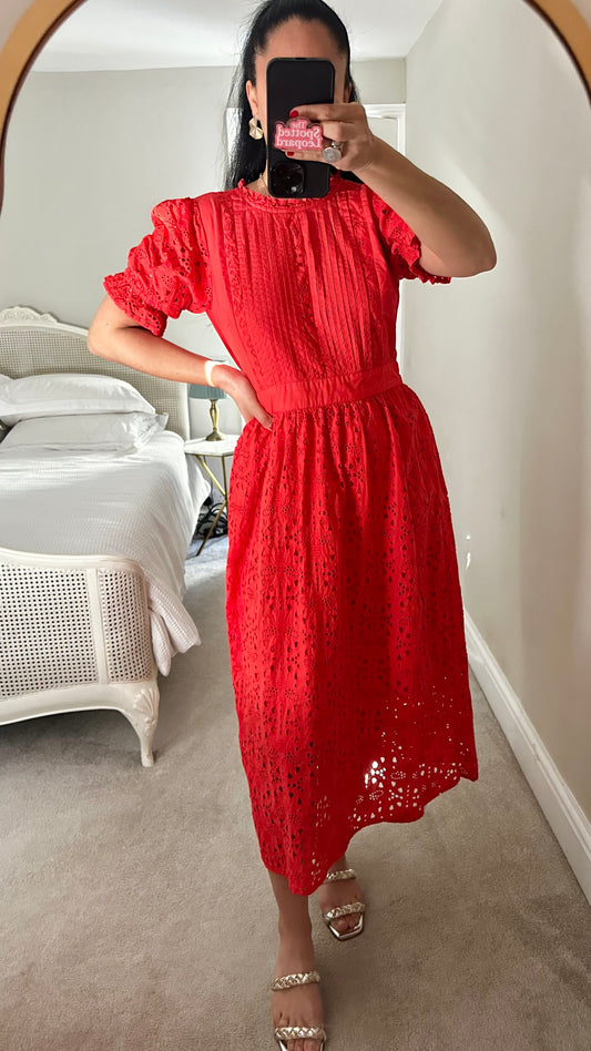 Joules coral red pink bee 🐝 embroidered midi dress medium UK 12 holiday wedding vgc