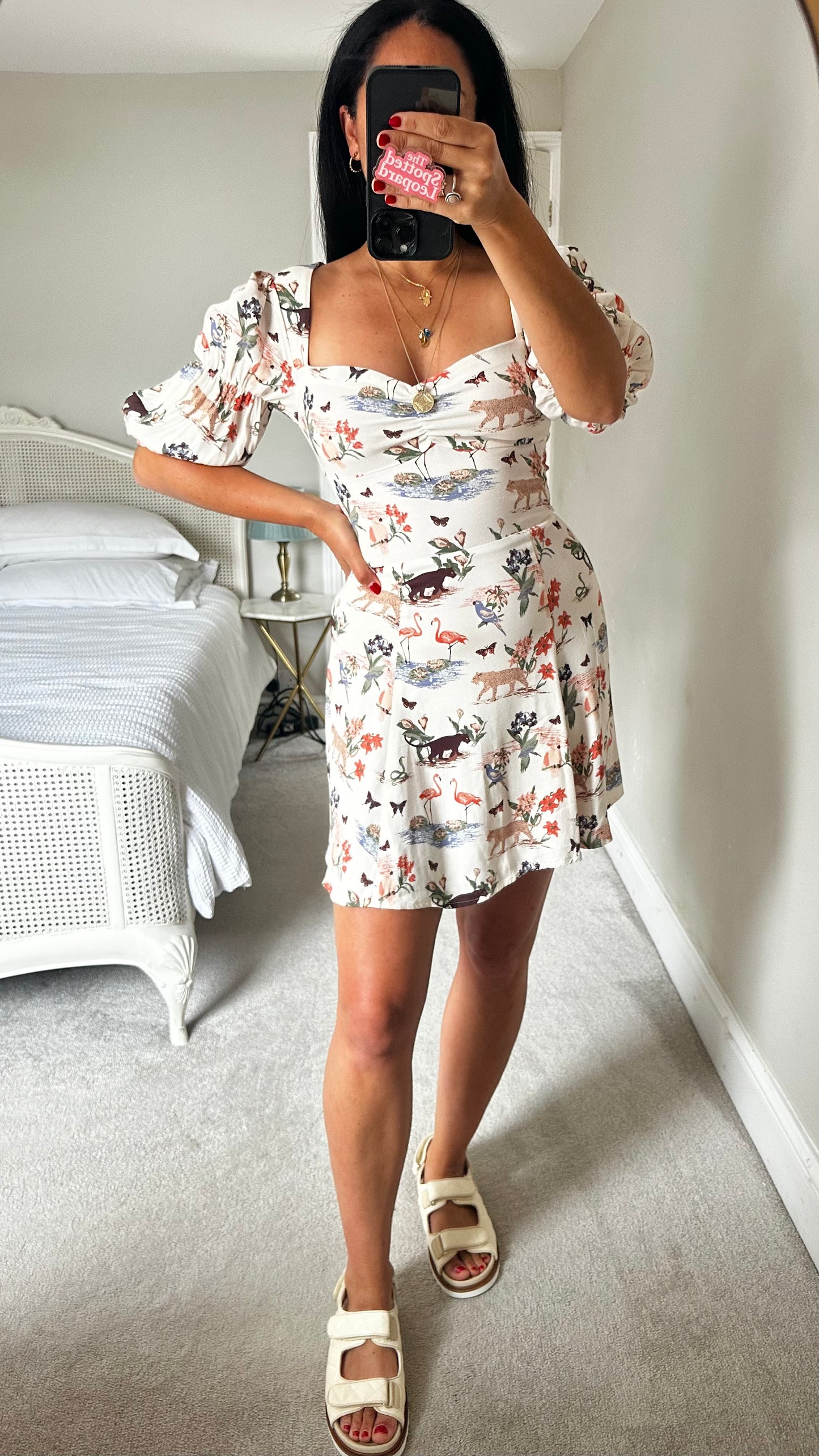 Reformation white leopard animal print mini skater dress petite small UK 8 vgc