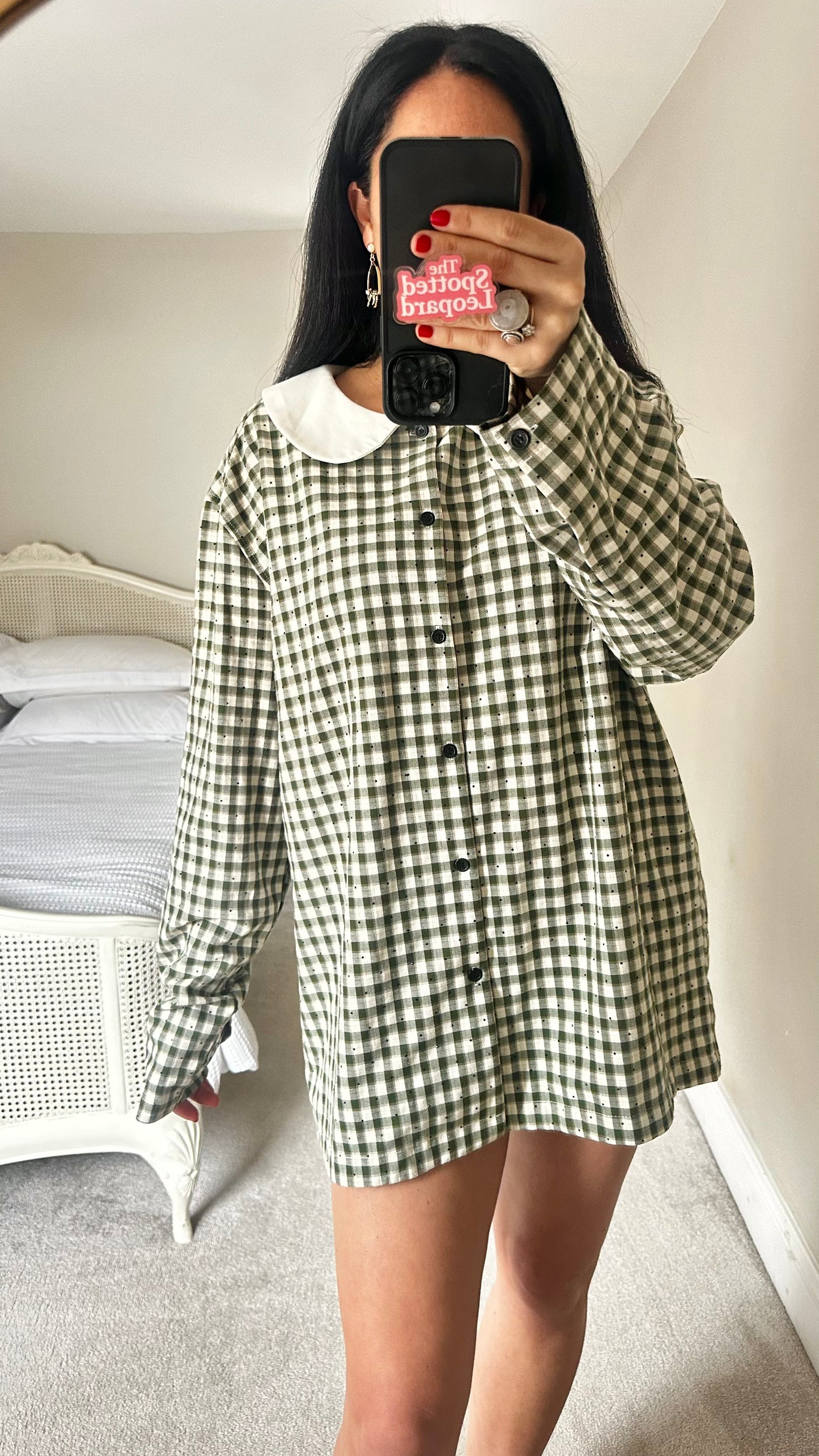 Sister Jane khaki green cream check gingham shirt dress mini medium UK 12
