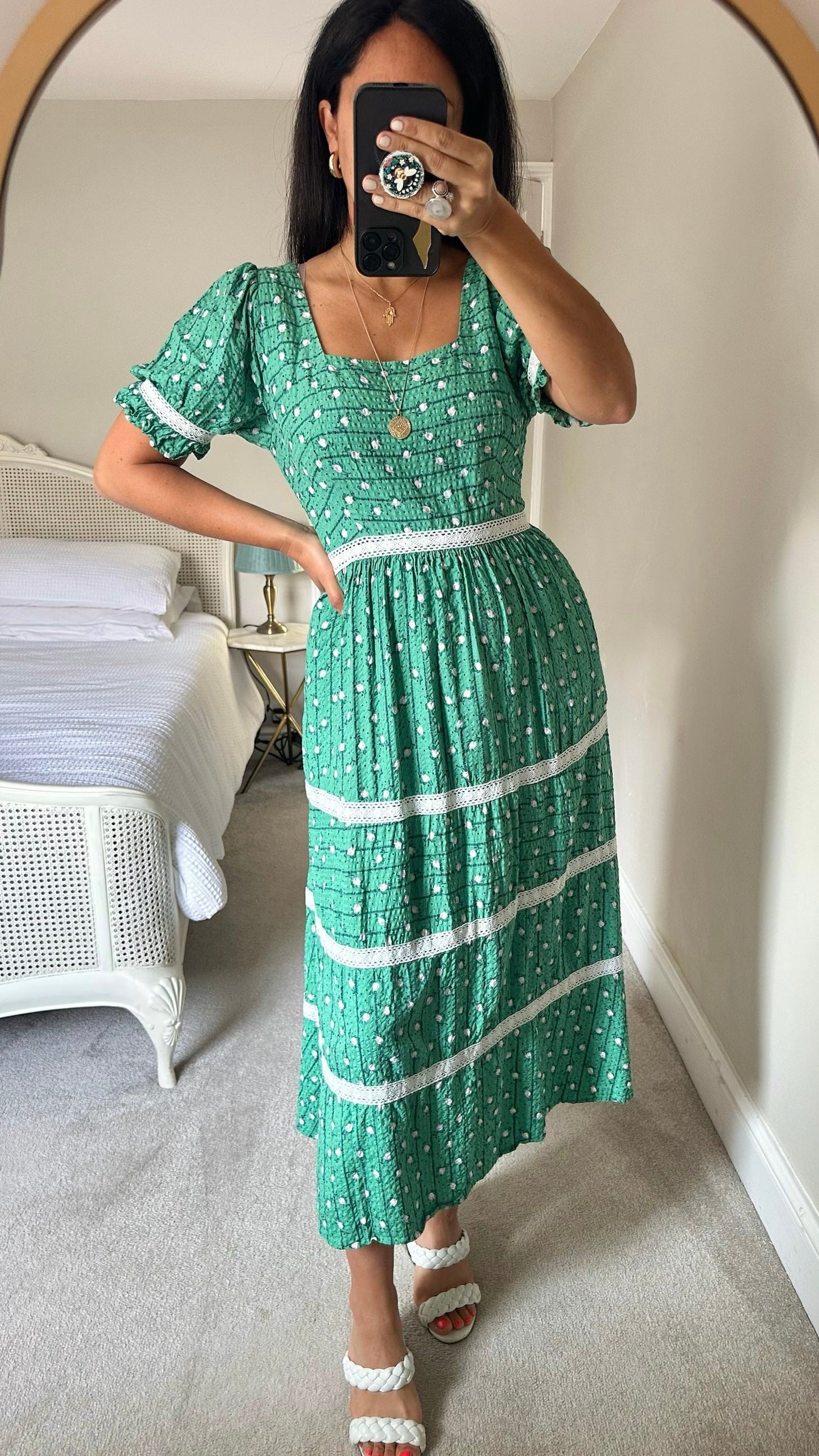 Oliver bonas green pink petal tiered midaxi long dress medium UK 14 vgc