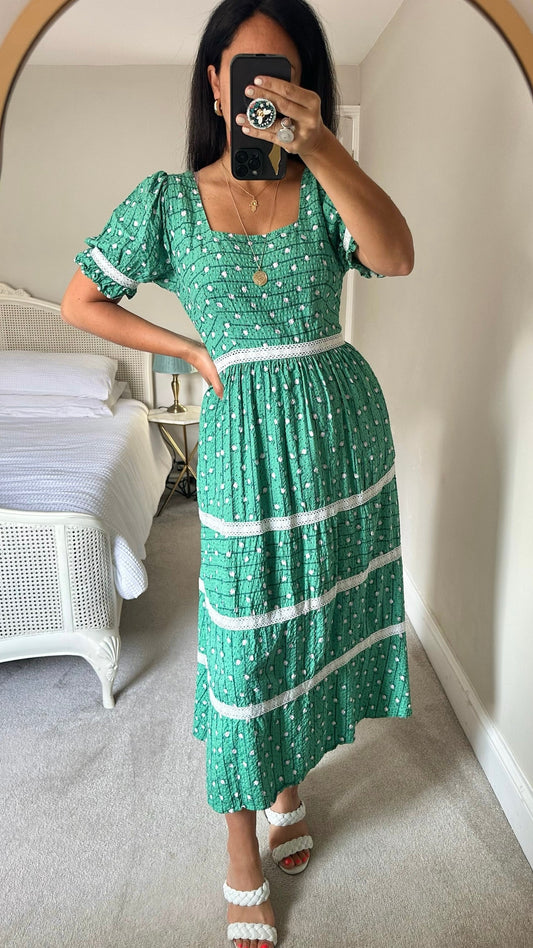 Oliver bonas green pink petal tiered midaxi long dress medium UK 14 vgc