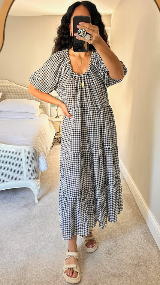 Mango navy blue white gingham tiered maxi dress large L UK 12-14 vgc