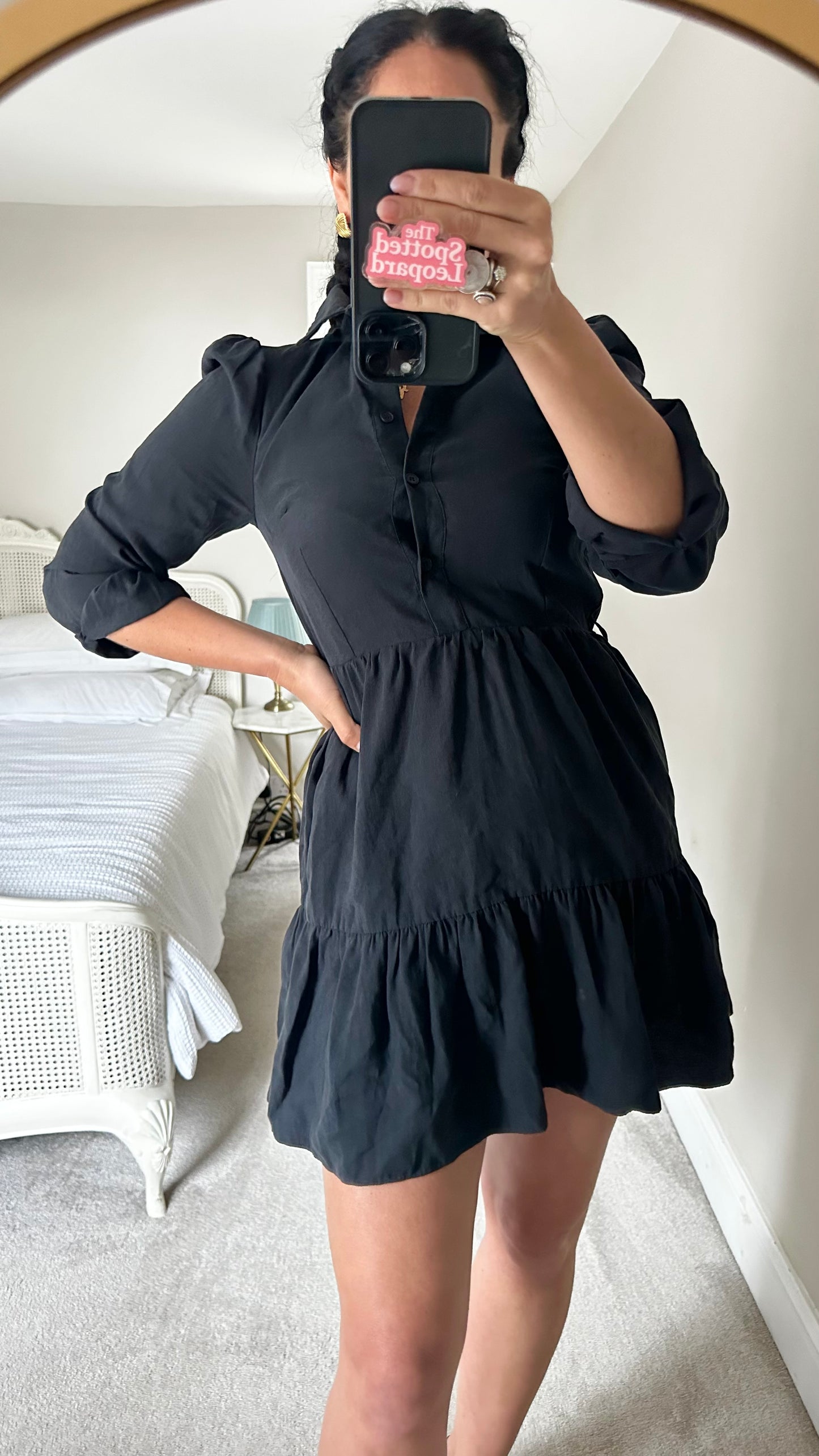 Oliver Bonas black button up tiered mini dress small UK 8 vgc