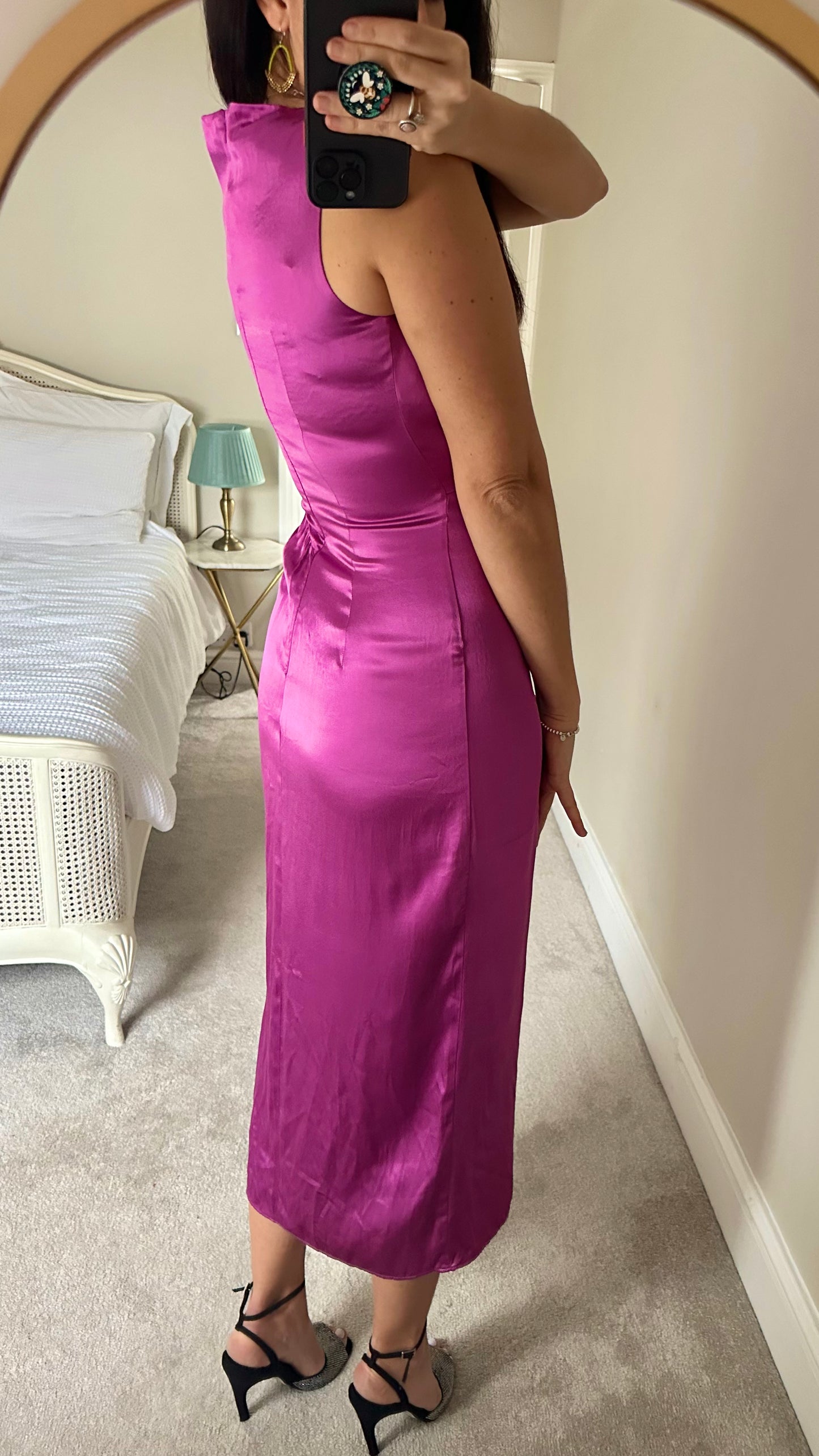 Zara berry pink purple satin feel side split midi dress party event extra large UK 14 vgc