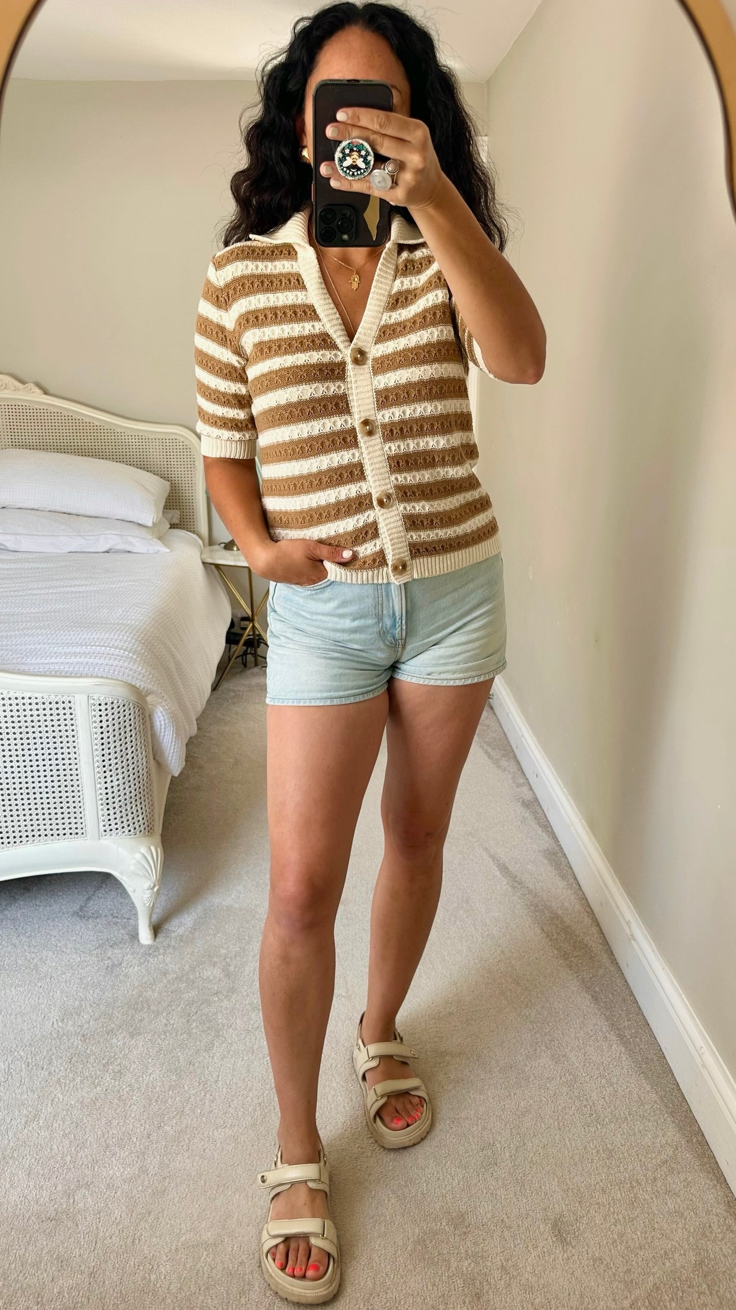 Y.A.S cream tan brown stripe crochet button up short sleeve top small medium SM UK 8-10 vgc