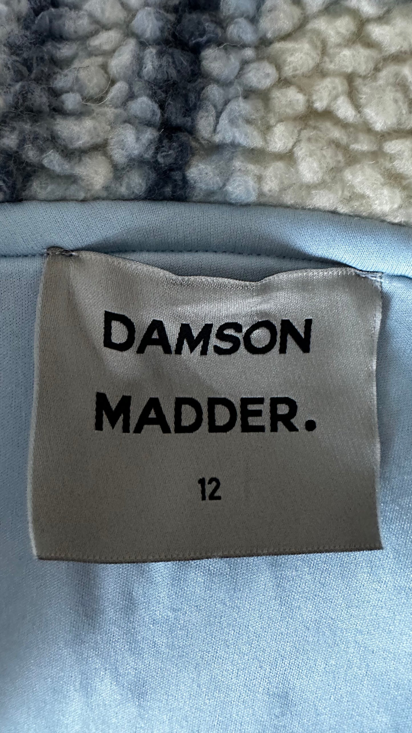 Damson Madder light blue cream gingham check tartan bow front coat fleece jacket medium UK 12 kitsch vgc