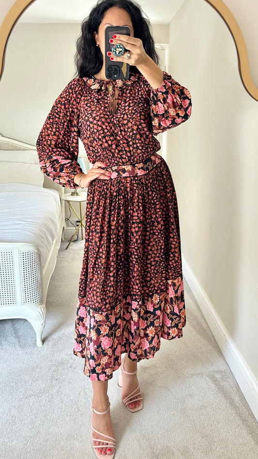 Oliver Bonas pink black orange floral midi long dress medium UK 10 12 vgc