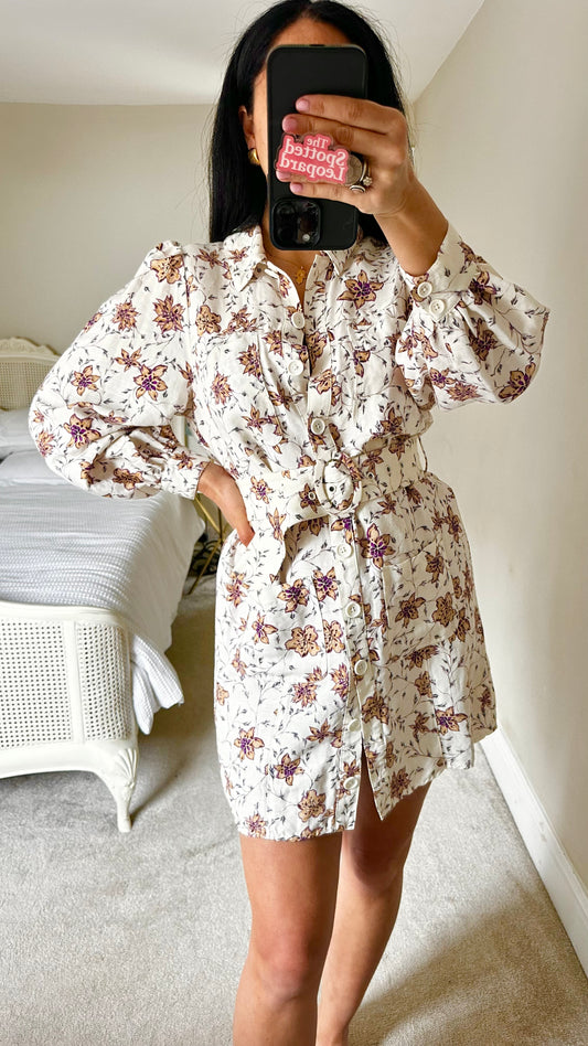 Steele cream lilac floral shirt mini dress linen blend small UK 10-12 vgc