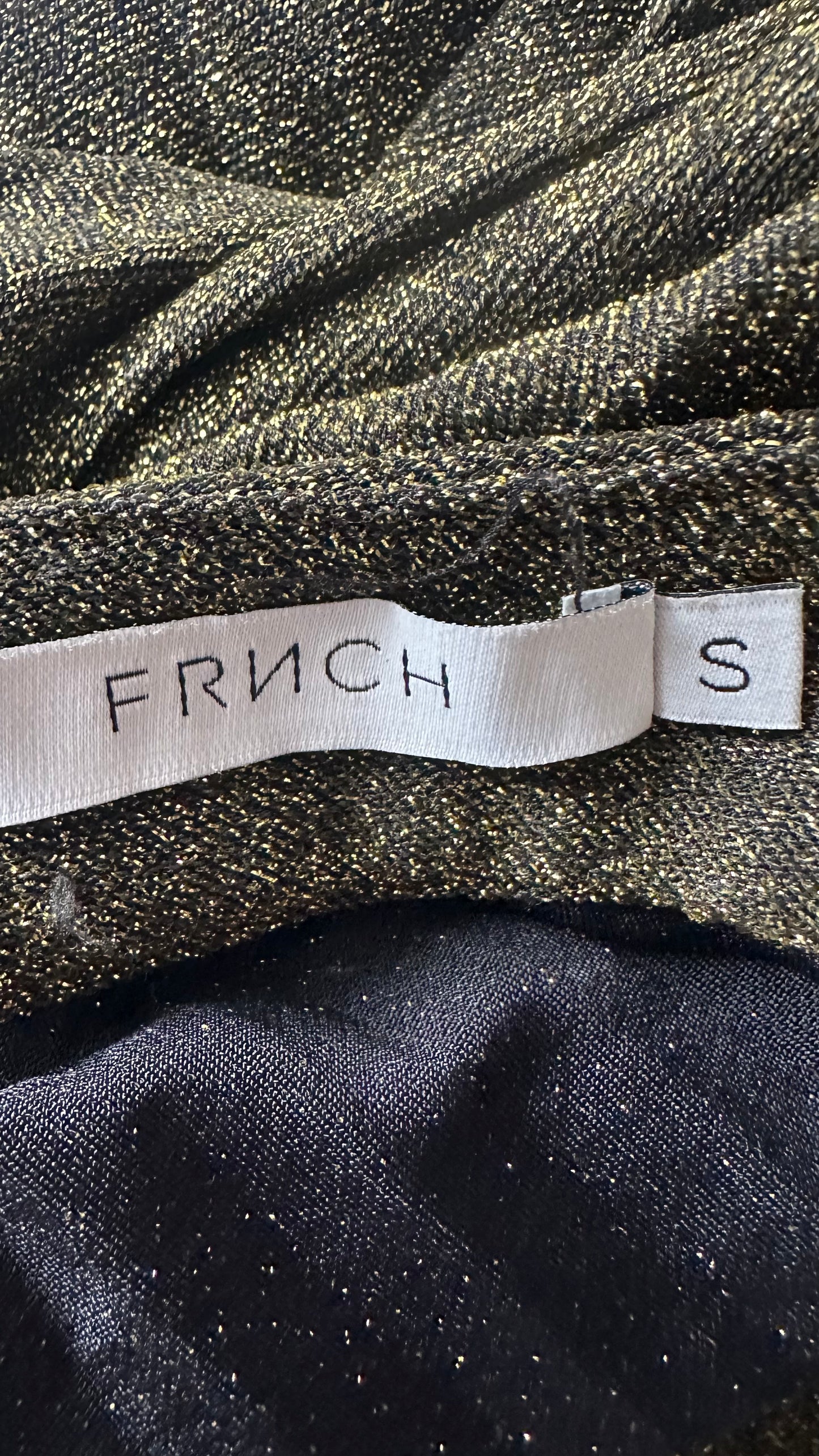 FRNCH khaki green shimmer pleated midi length skirt small UK 8 vgc