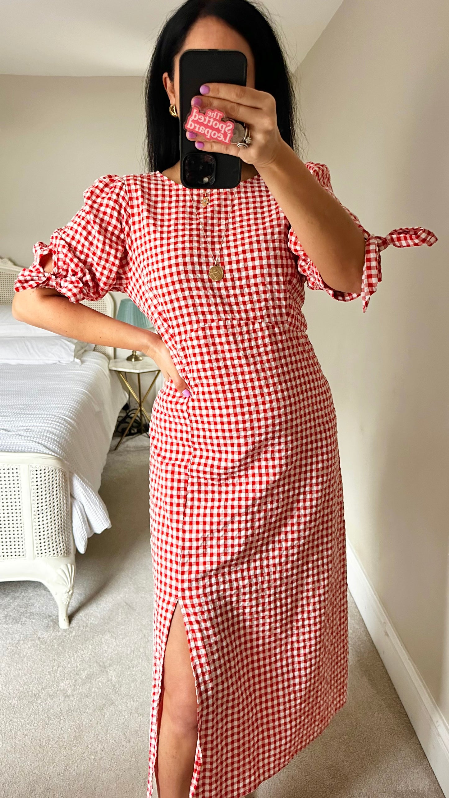 Nobody’s Child red white orange gingham check midi side split dress medium UK 14 vgc