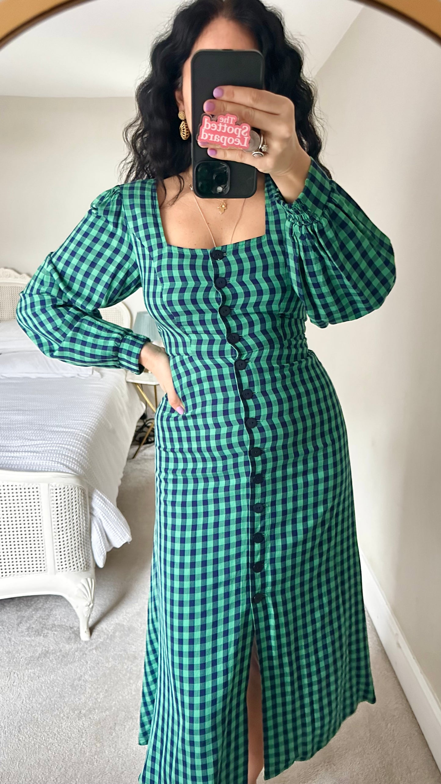 Kitri Green green gingham check button up midi dress small UK 8 vgc