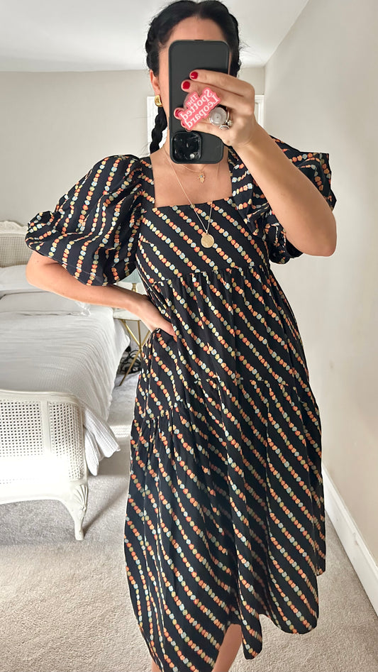 Topshop black orange floral midi cotton sun dress small UK 10 vgc