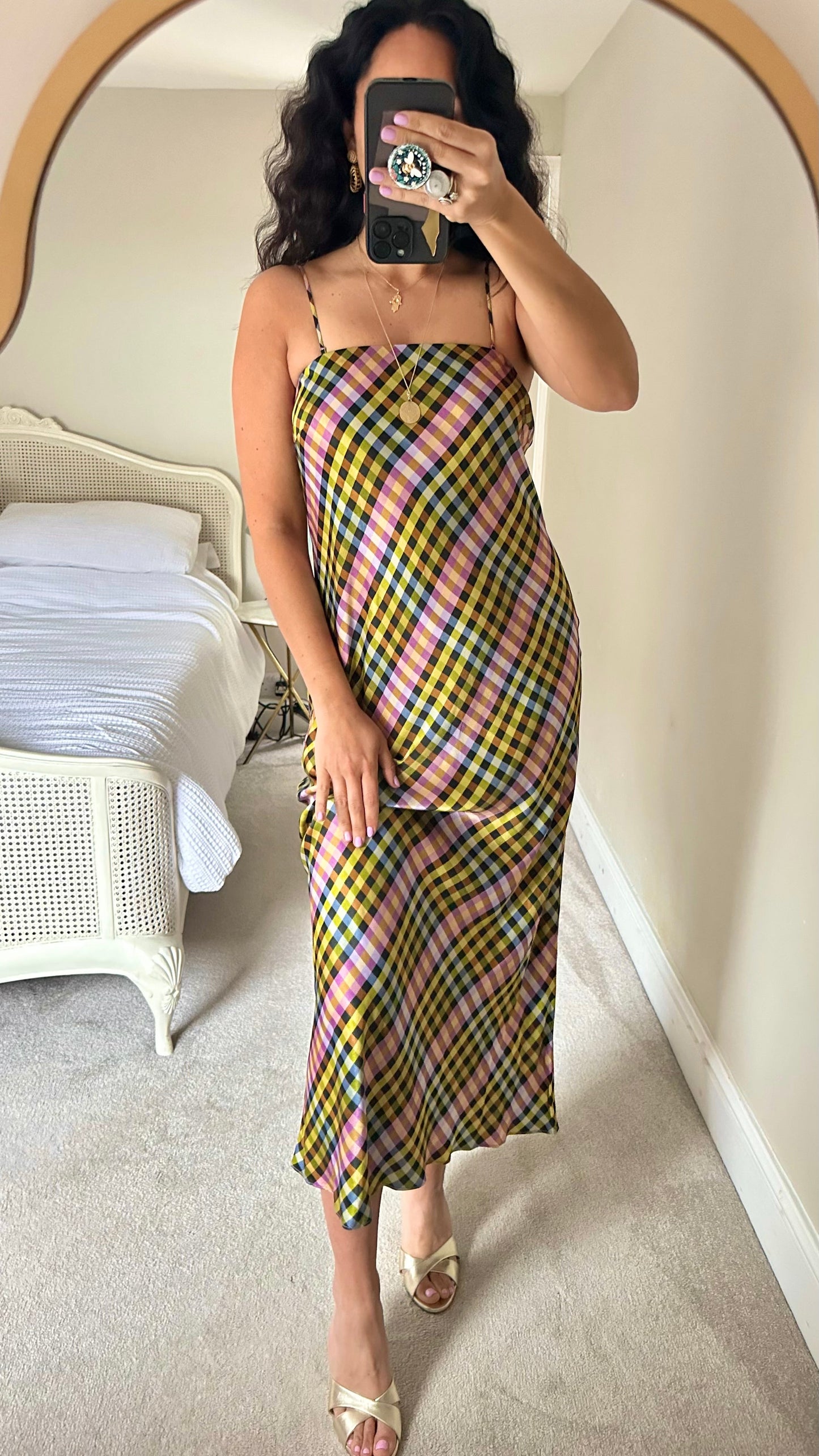 HUSH lilac green gingham check slip dress midi event maxi large UK 14 vgc