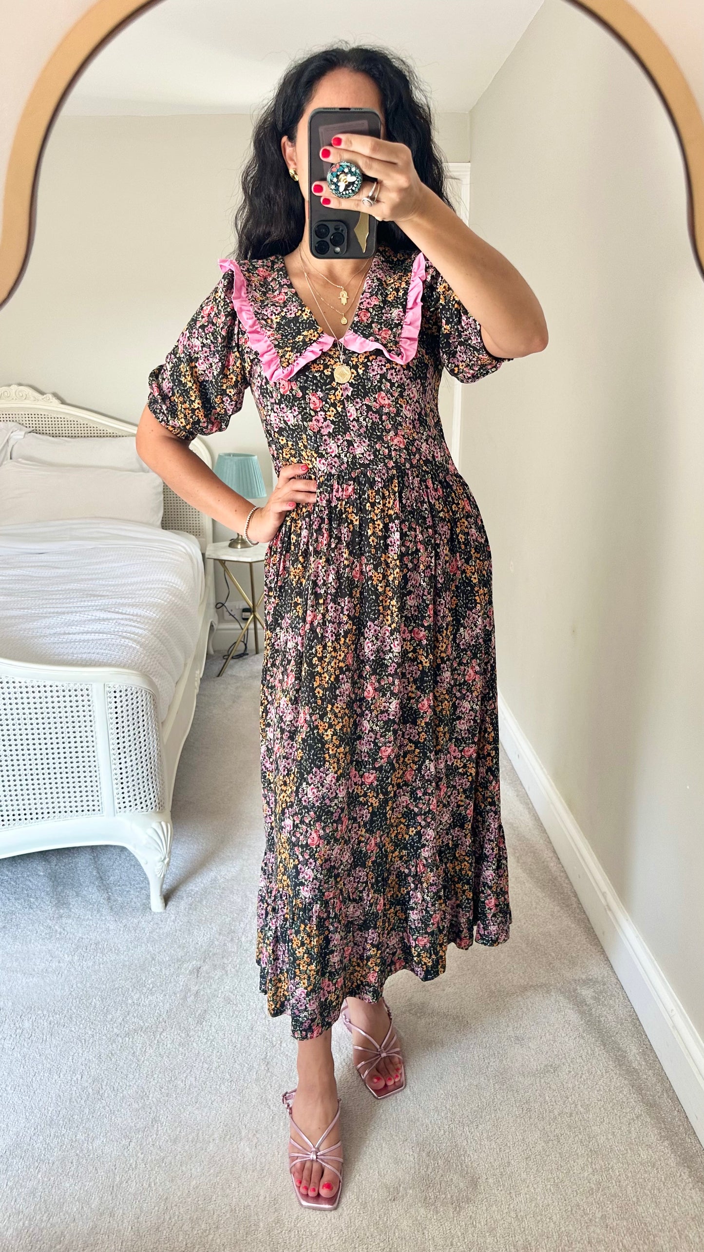 Molby the Label pink black floral oversized collared maxi midi dress medium UK 10 vgc