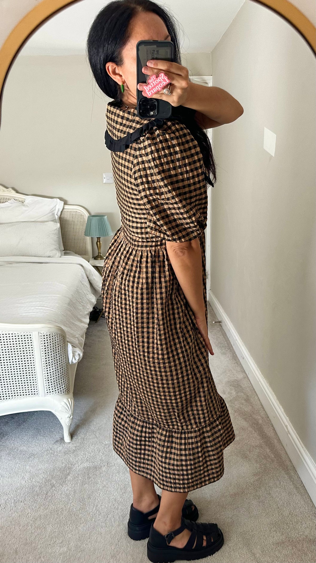 Molby the Label black beige brown gingham check midi long dress small UK 10