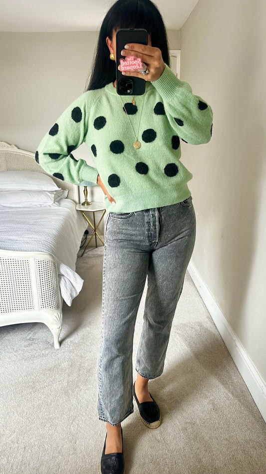 Numph pistachio green polka dot knitted alpaca wool blend jumper small UK 8-10 vgc