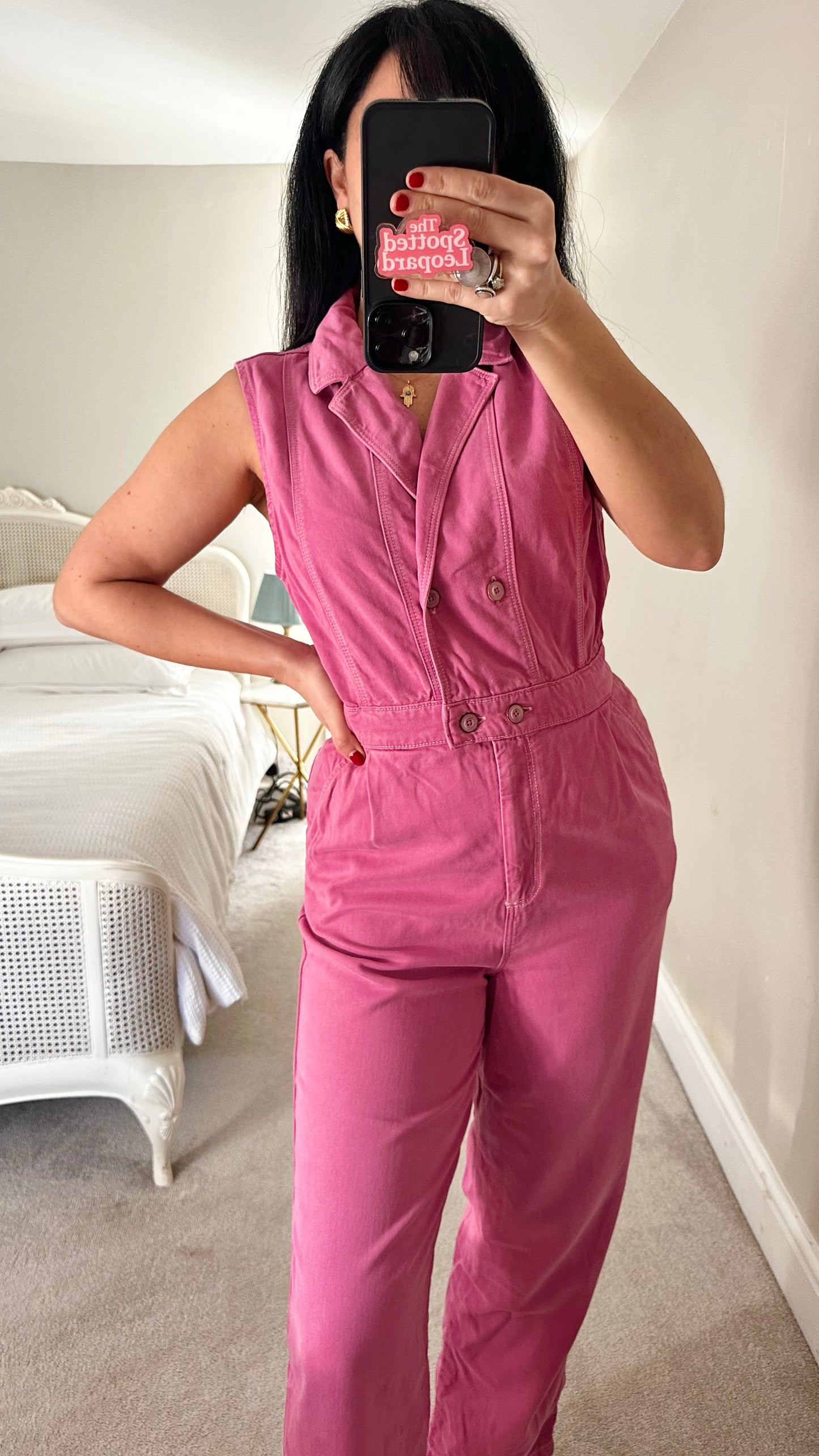 Oliver Bonas pink purple button up jumpsuit playsuit trousersuit small medium UK 10 12 14 vgc