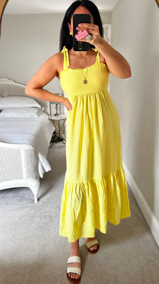 Oliver Bonas yellow lemon linen blend maxi holiday dress long small UK 10 vgc