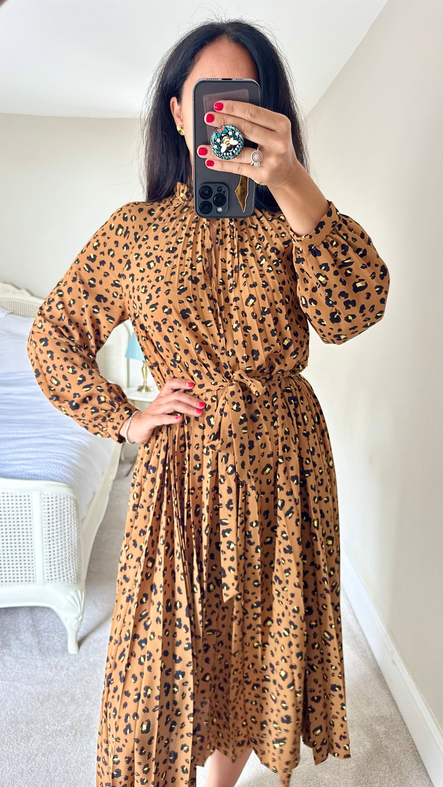 & other stories pleated leopard print midi long dress small medium UK 10 vgc