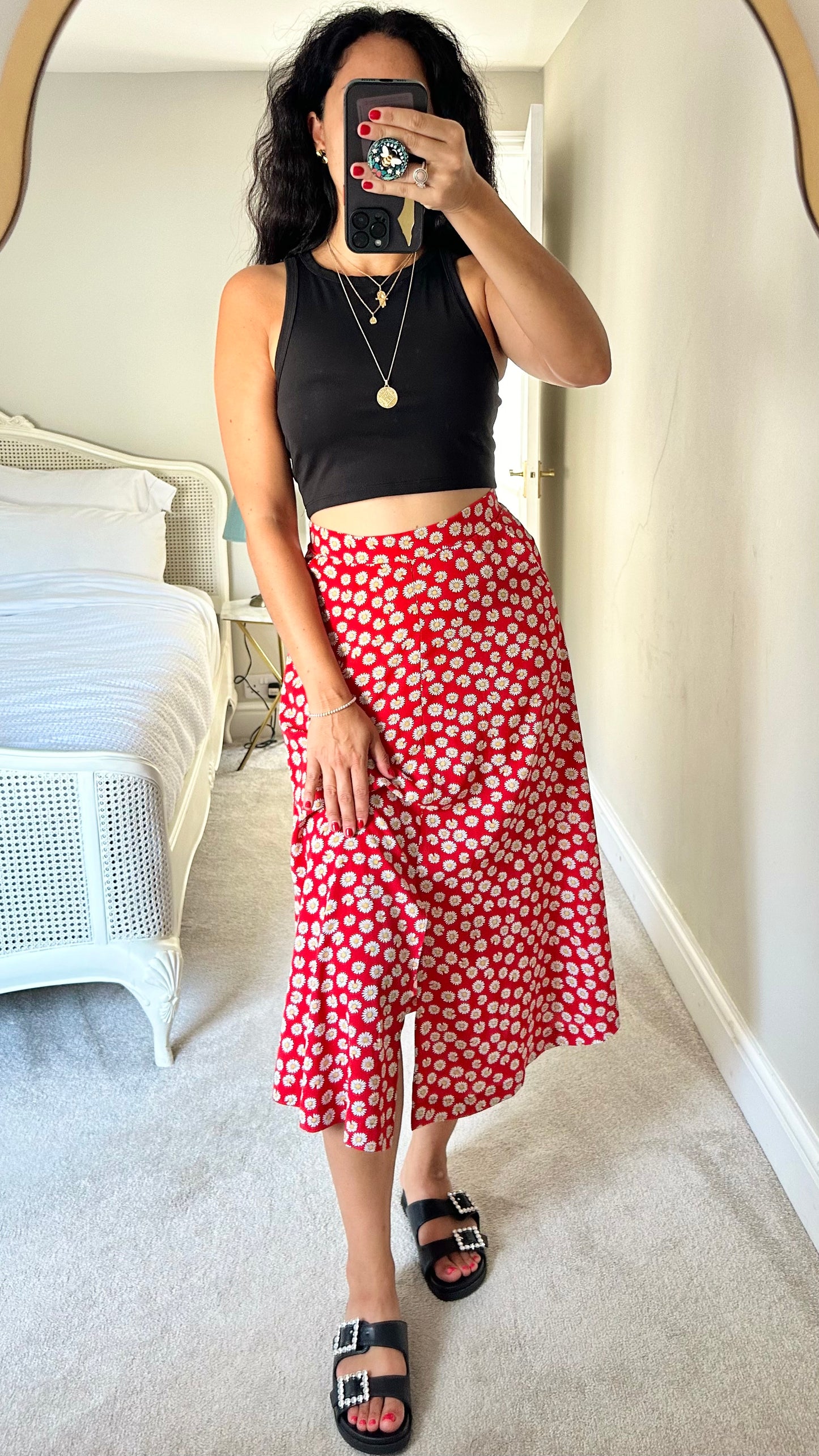 Louche red white daisy print midi skirt medium UK 10 vgc