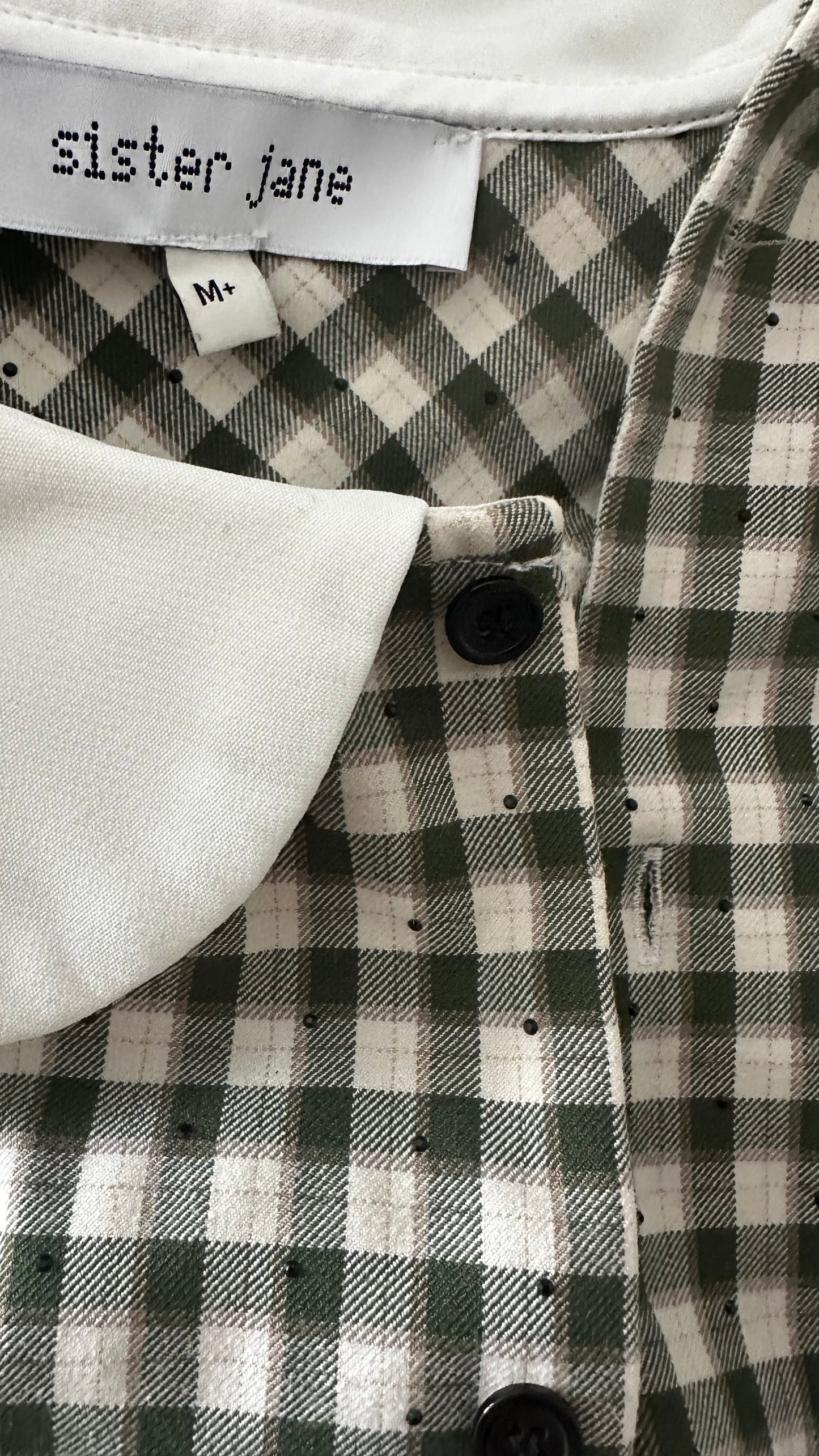 Sister Jane khaki green cream check gingham shirt dress mini medium UK 12