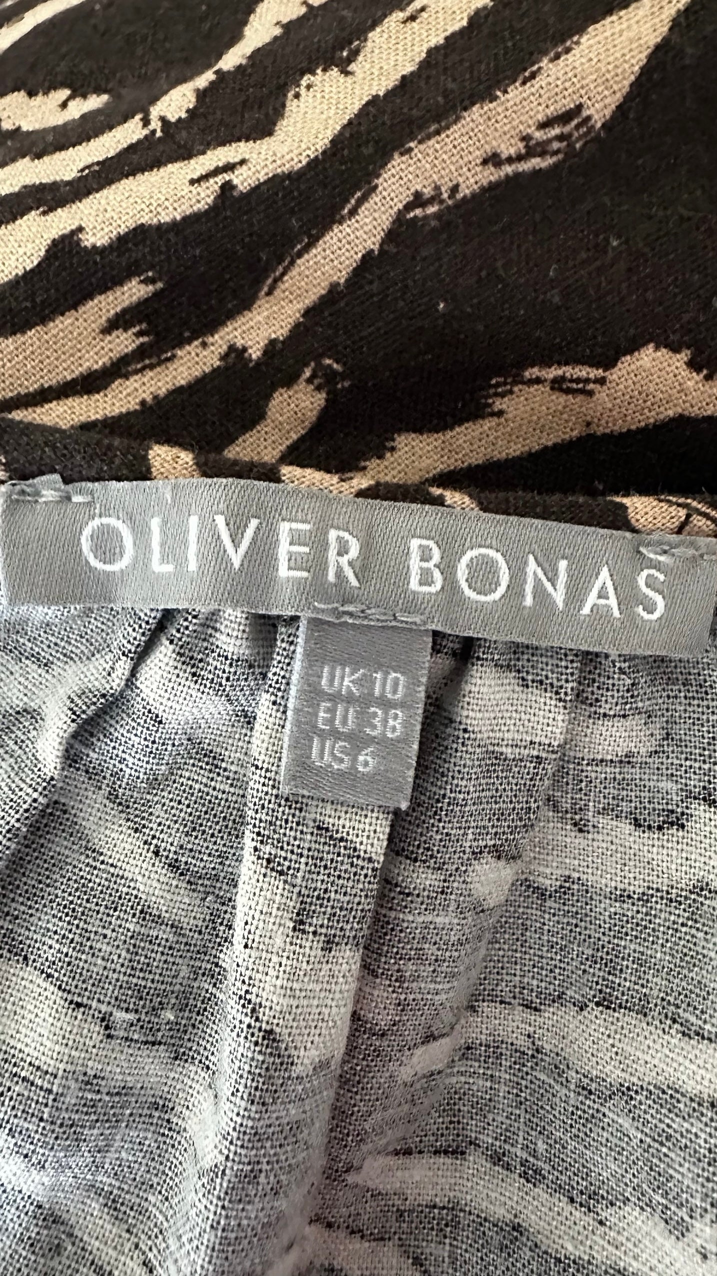 Oliver bonas brown beige tiger print mini linen blend dress Medium M UK 10 excellent used condition
