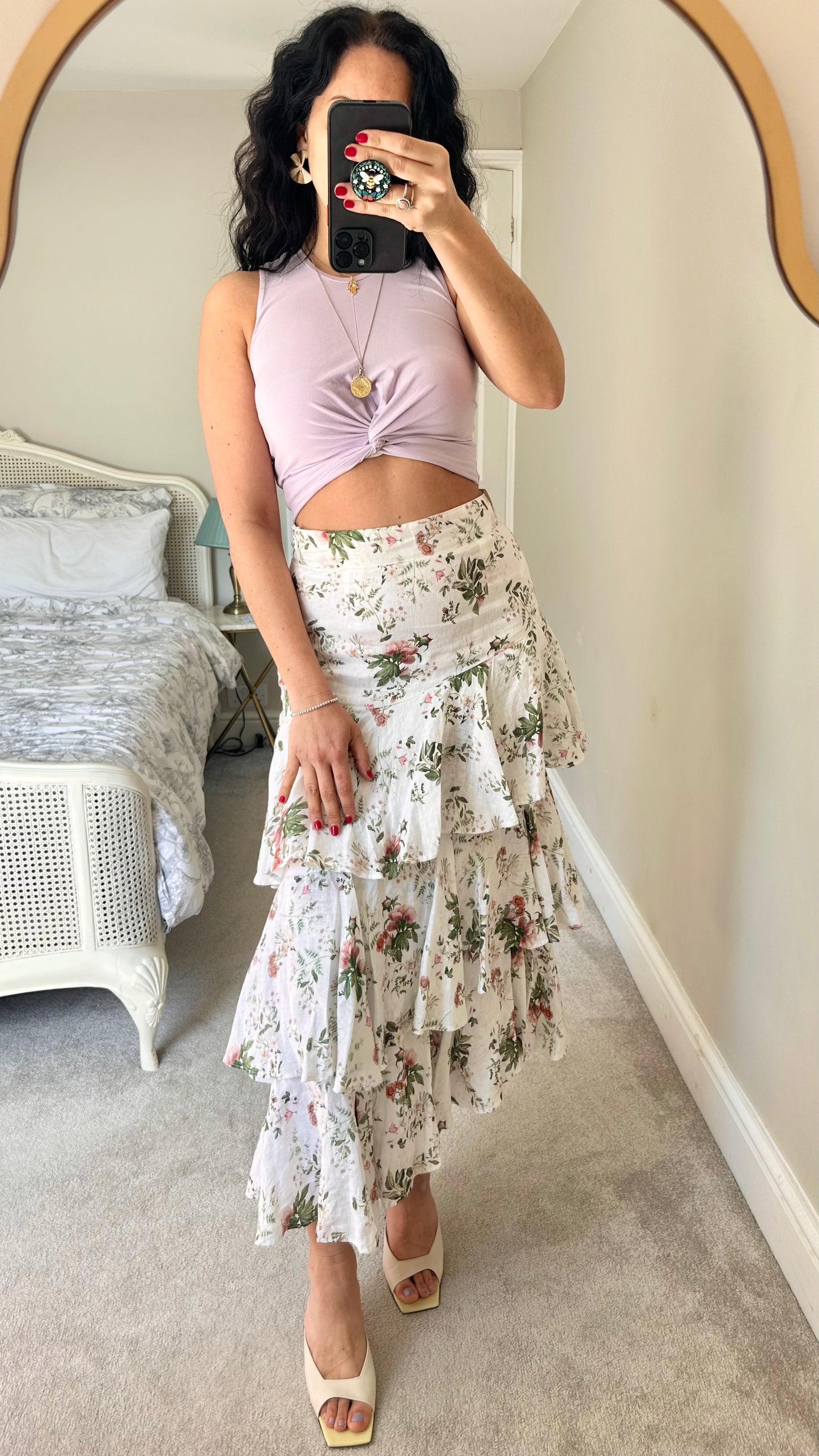 Palm Noosa @ Net a Porter white floral tiered linen maxi midi skirt UK 10-12 vgc