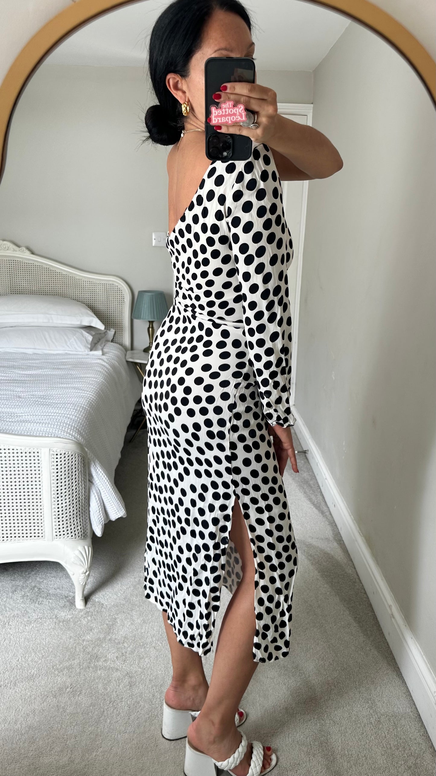 Mango white black polka dot one side midi dress long small UK 8-10 vgc