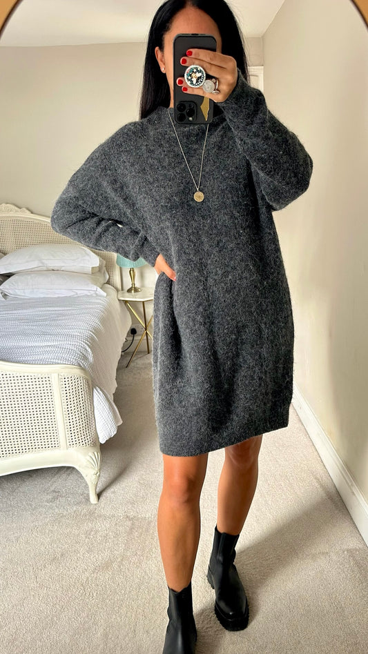 Hush grey charcoal alpaca wool knitted jumper dress extra large UK 14 vgc w25