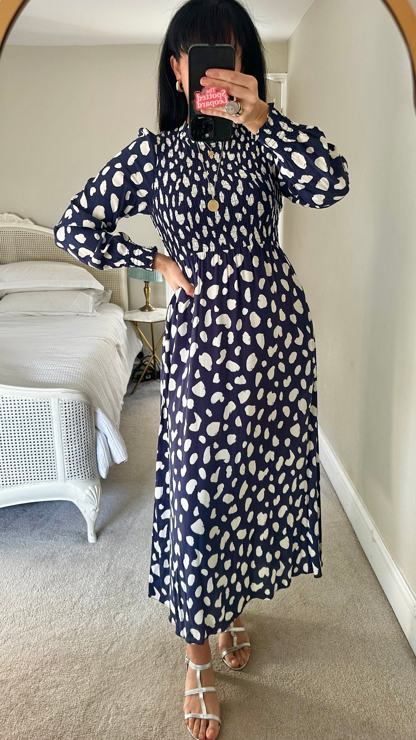 KITRI navy blue polka dot shirred bust midi event dress medium UK 12 vgc