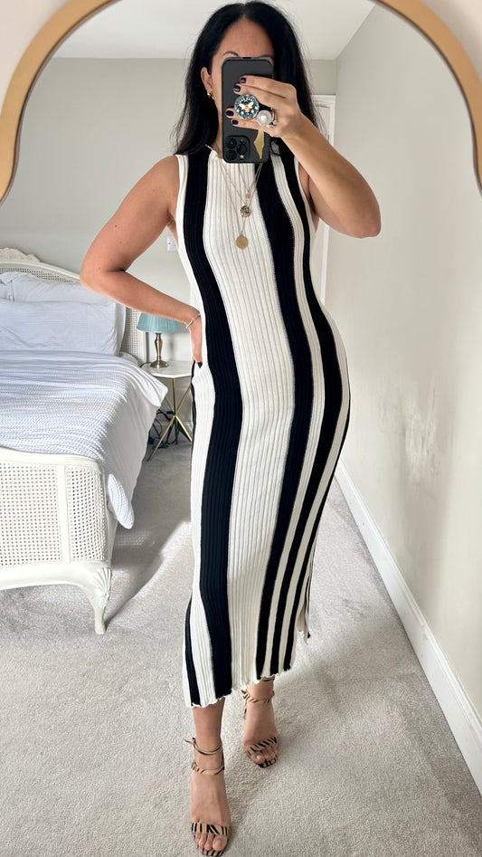 & other stories black white cream horizontal stripe midi dress small UK 8 10 vgc