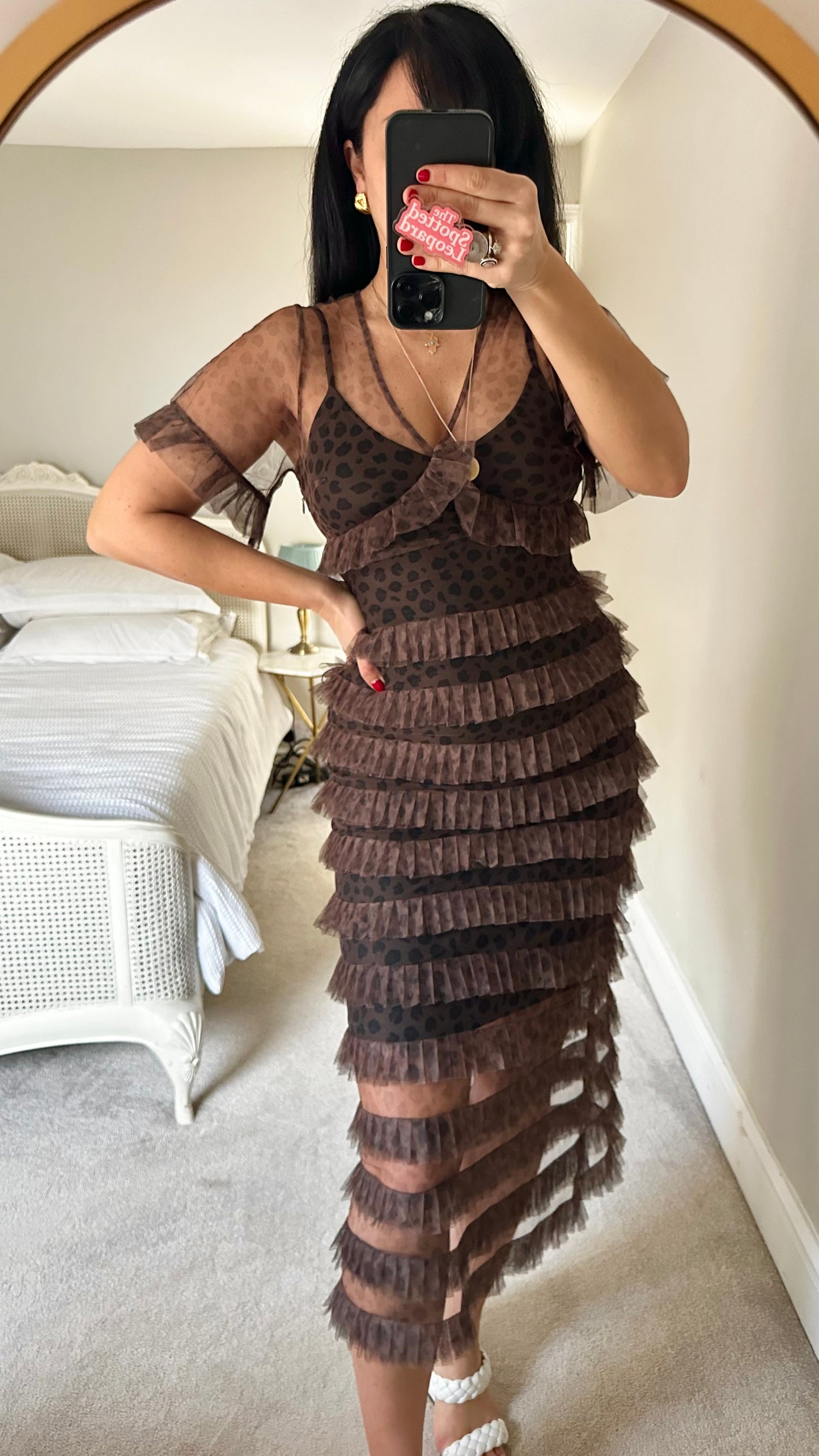 Never fully dressed brown black leopard print frill midi long dress small UK 10 vgc