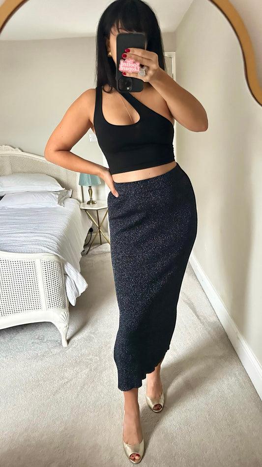 Hush black shimmer side split midi skirt large L UK 12 XMS25