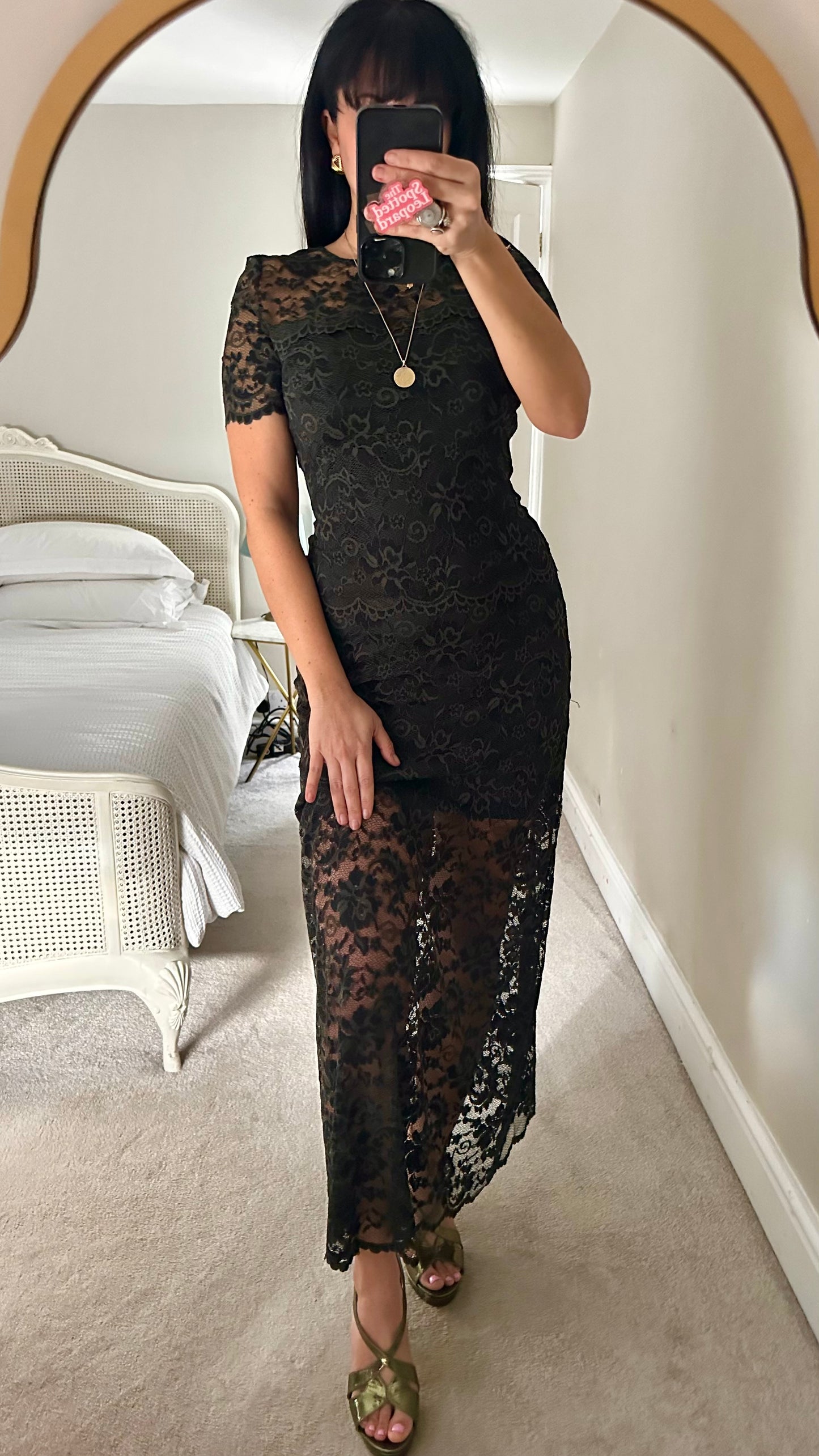 Ganni dark green olive khaki lace maxi dress small UK 10 stretch event vgc